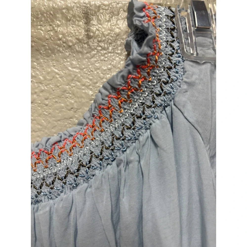 Free People Blue Woven Floral Embroidered Smocked Off Shoulder Mini Dress S